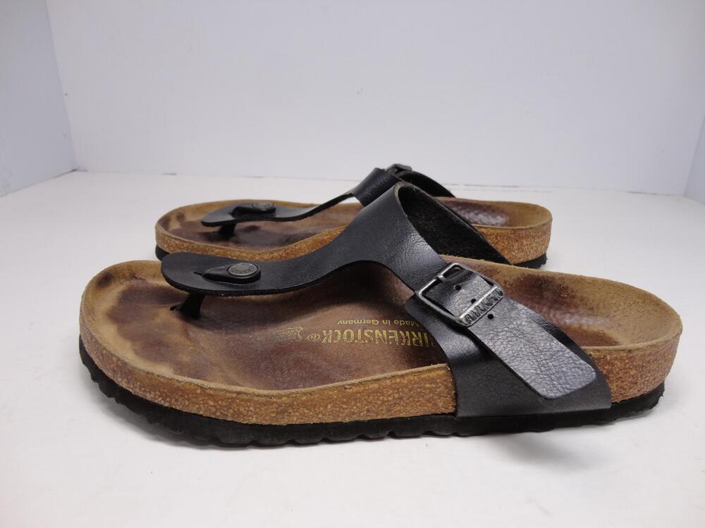 Birkenstock Gizeh Sandals Womens Size 7 38 Black Leather Thong Cork Footbed